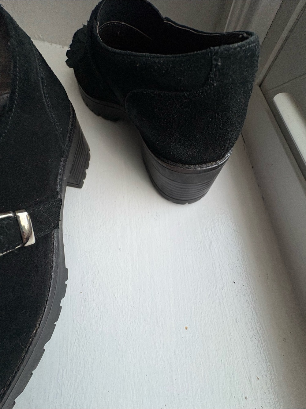 Black Suede Heeled Ankle Boots with Buckle Detail